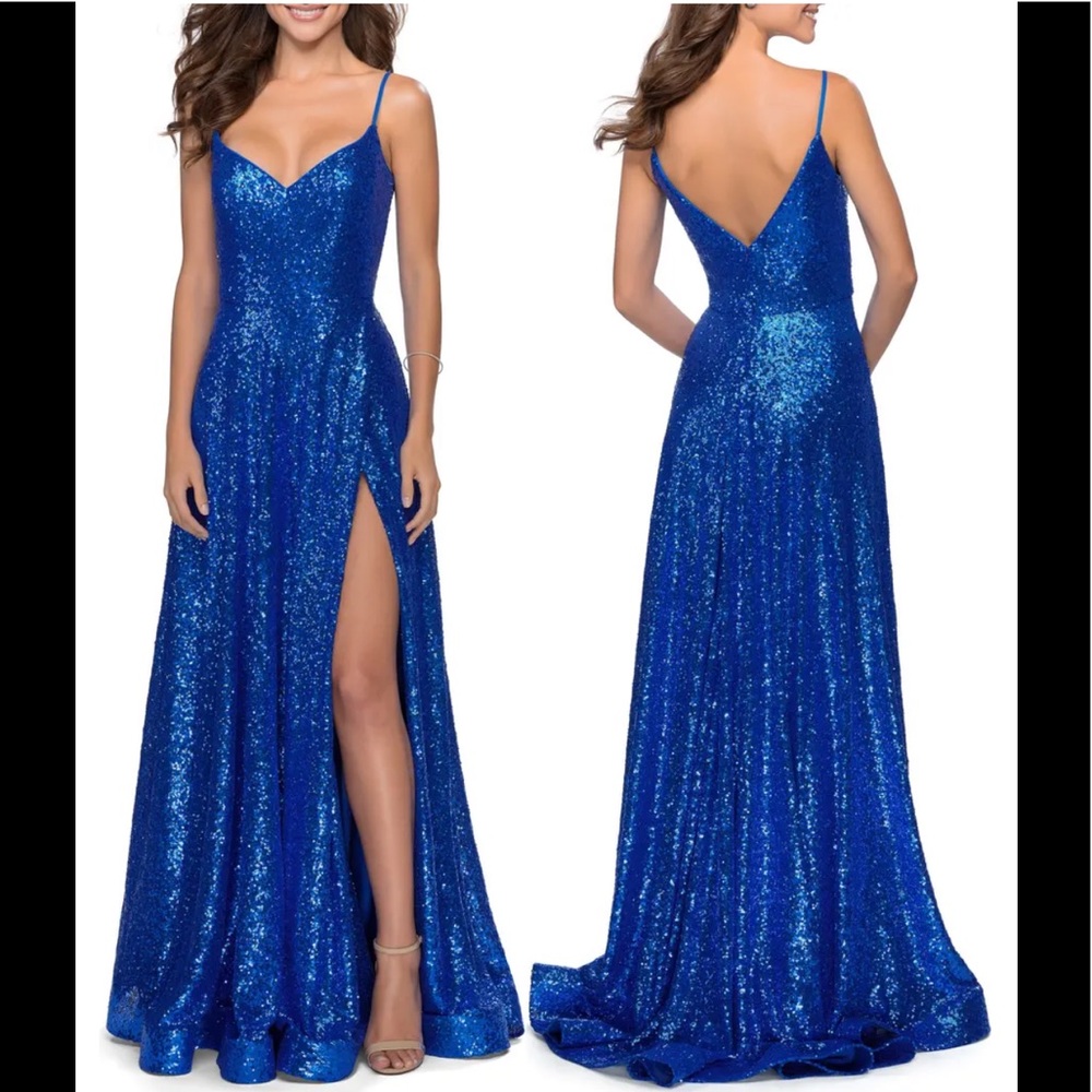 NEW La Femme Mermaid Blue Sequin Goddess To Floor SEXY Gorgeous Hi Slit